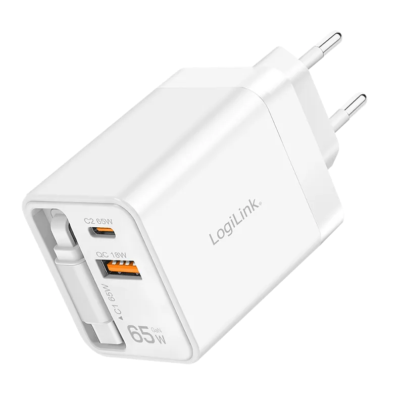 USB-A/C Ladegerät, 65 W, GaN, 3-fach, 1x USB-A (QC), 1x USB-C, 1x USB-C Kabel (PD), Weiß