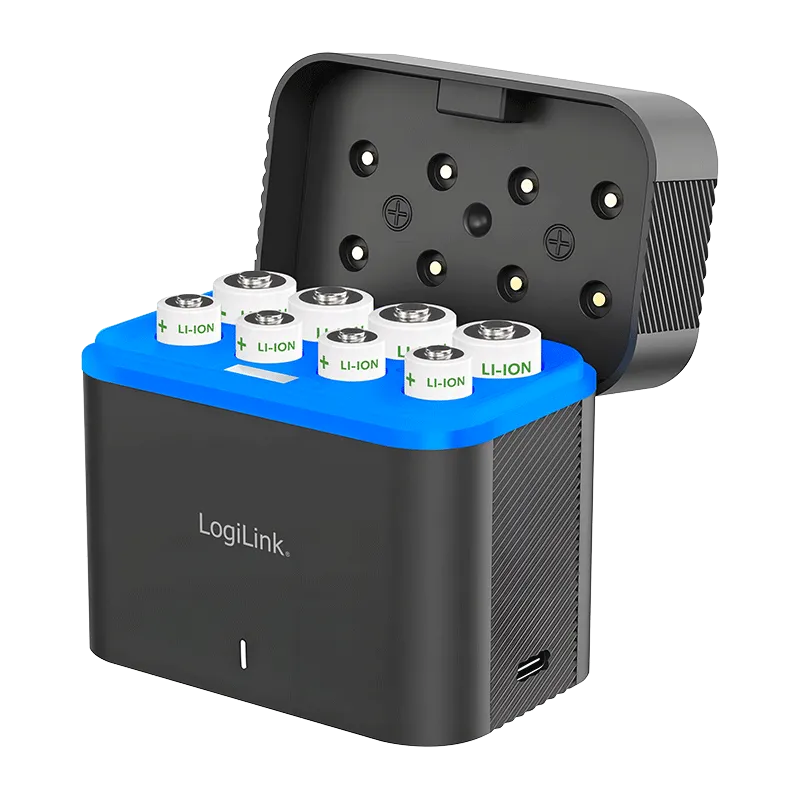 Akku-Ladegerät inklusive 4x AA/4x AAA Lithium-Ionen-Akkus, 15 W, Schwarz/Blau