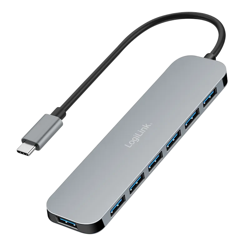 USB-C Hub, 7-Ports, USB 3.2 Gen 1, 7x USB-A, 5 Gbit/s, Aluminiumgehäuse, inkl. 20 W PD Ladegerät, Sp
