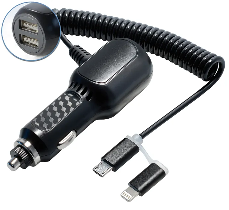 MAXTRACK USB Kfz-Ladegerät, mit 2x USB Typ A Buchse und Micro USB B / 8 pin Anschlusskabel (WI 11)