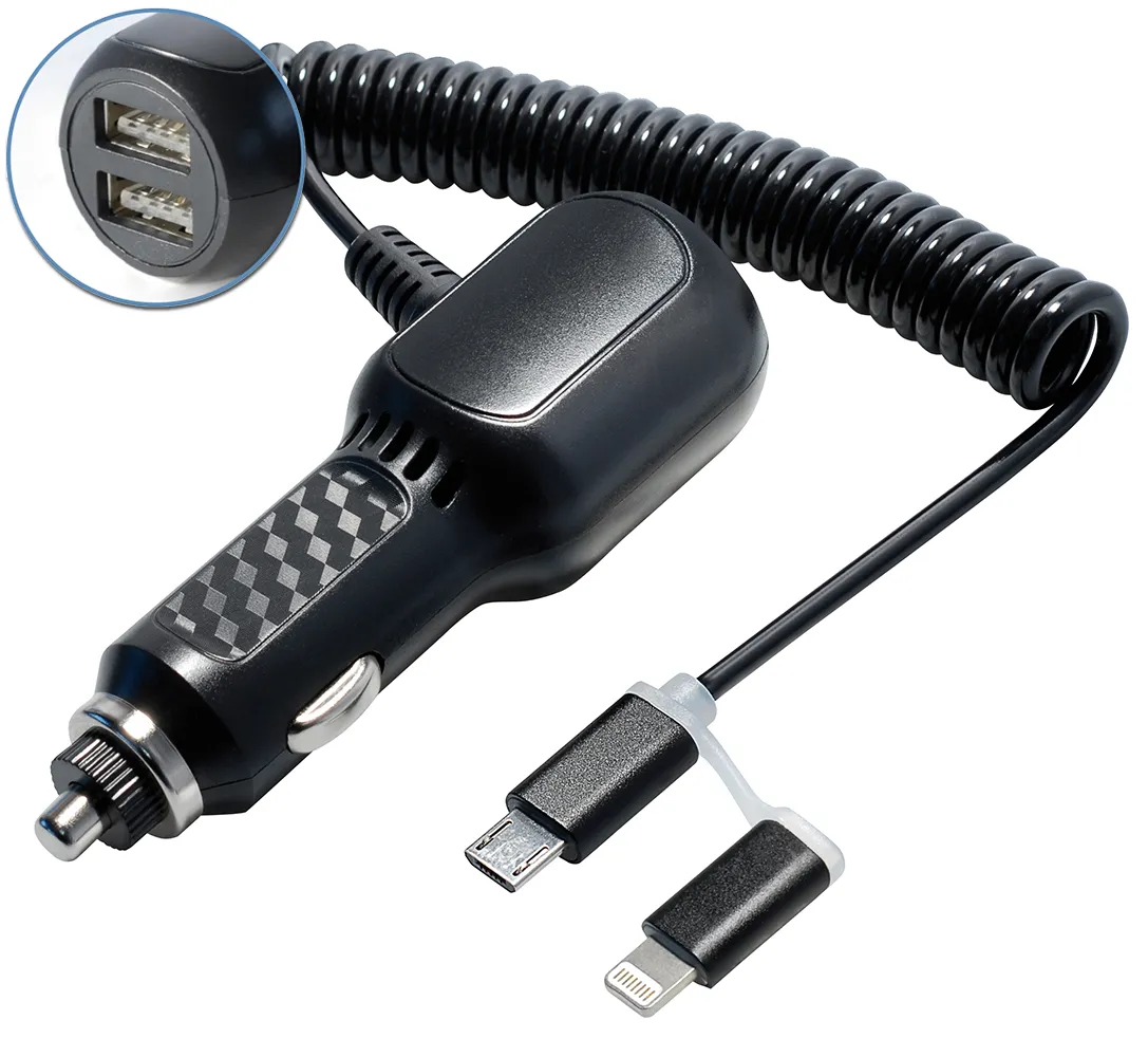 MAXTRACK USB Kfz-Ladegerät, mit 2x USB Typ A Buchse und Micro USB B / 8 pin Anschlusskabel (WI 11)