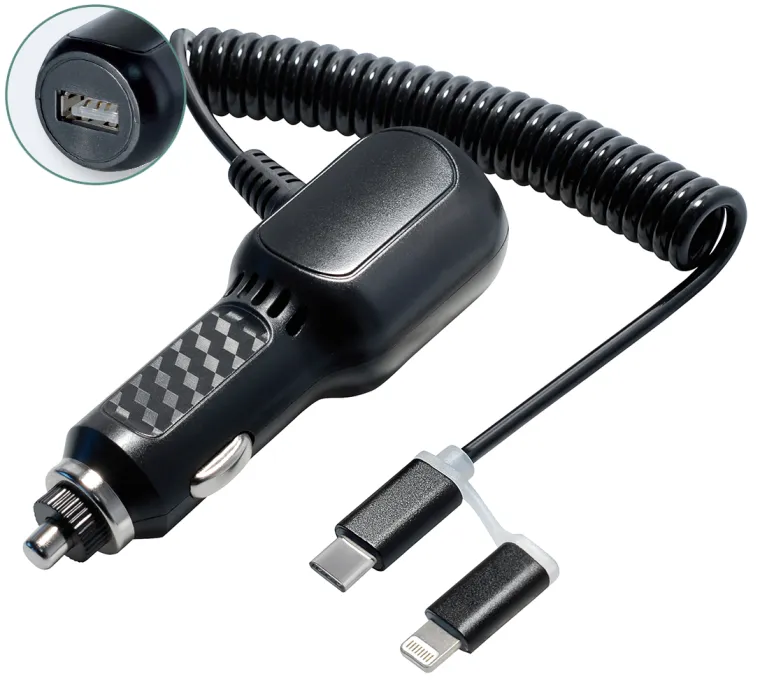 MAXTRACK USB Kfz-Ladegerät, mit 1x USB Typ A Buchse und USB Typ C / 8 pin Anschlusskabel (WI 12)